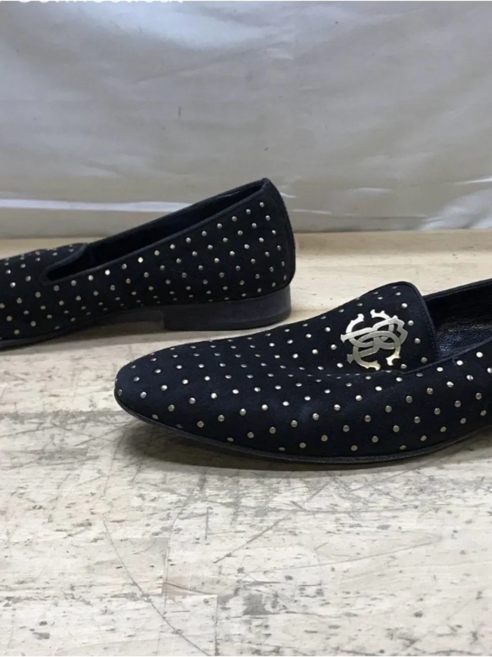 Roberto Cavalli Black Velvet Studded Slip-On Loafers with Gold Emblem Size 10 US